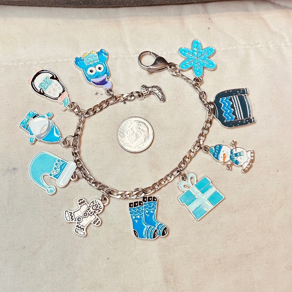 Stainless Steel Figaro Charm Bracelet with Several Winter Themed Charms Handmade - Picture 3 of 6